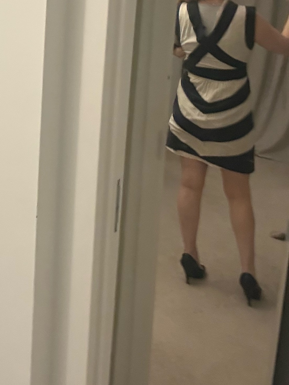 BCBG Black and Cream Striped Mini Dress with Cross-Back Detail